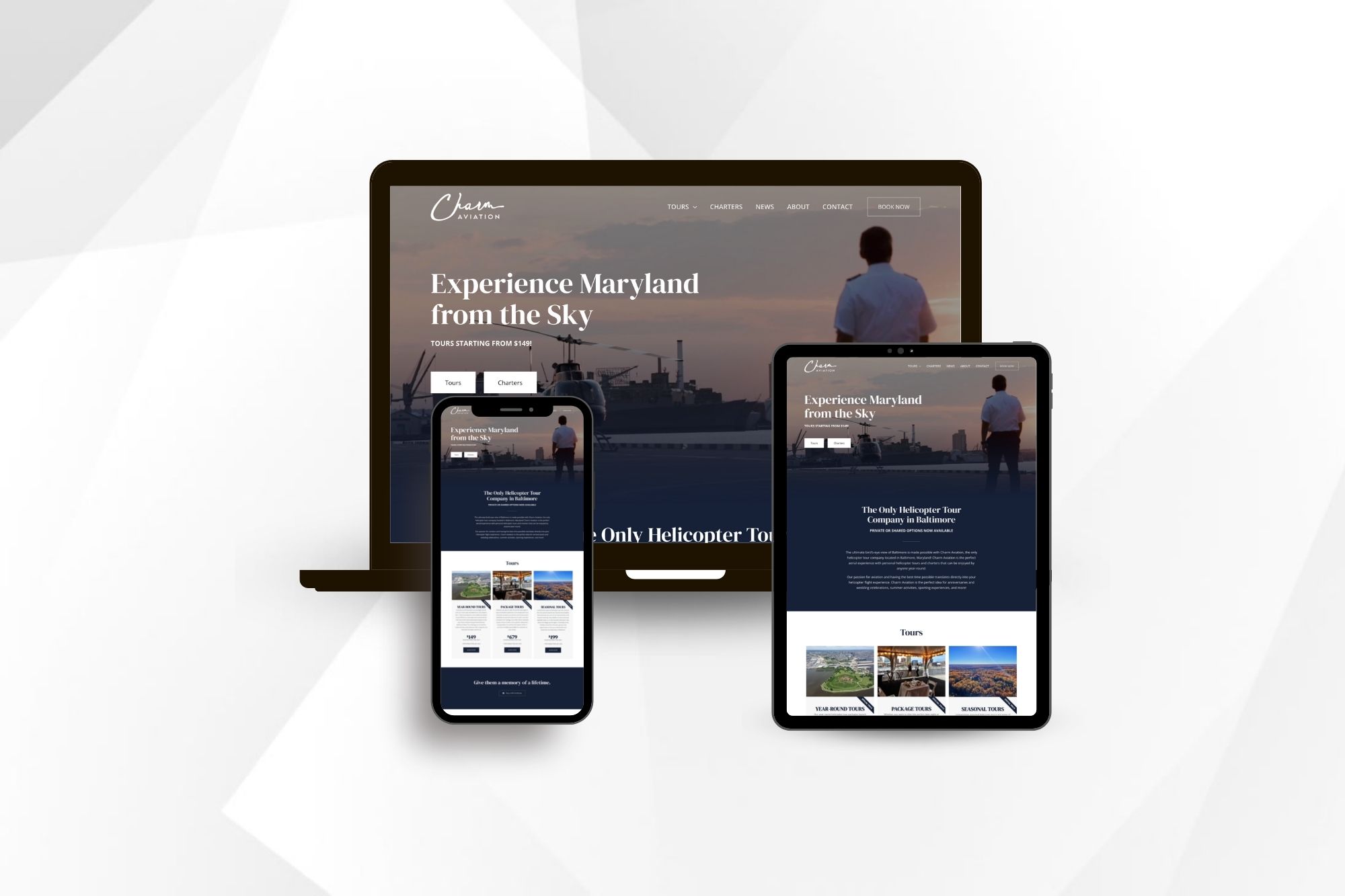 Charm Aviation MD responsive web design on laptop, tablet, and iphone