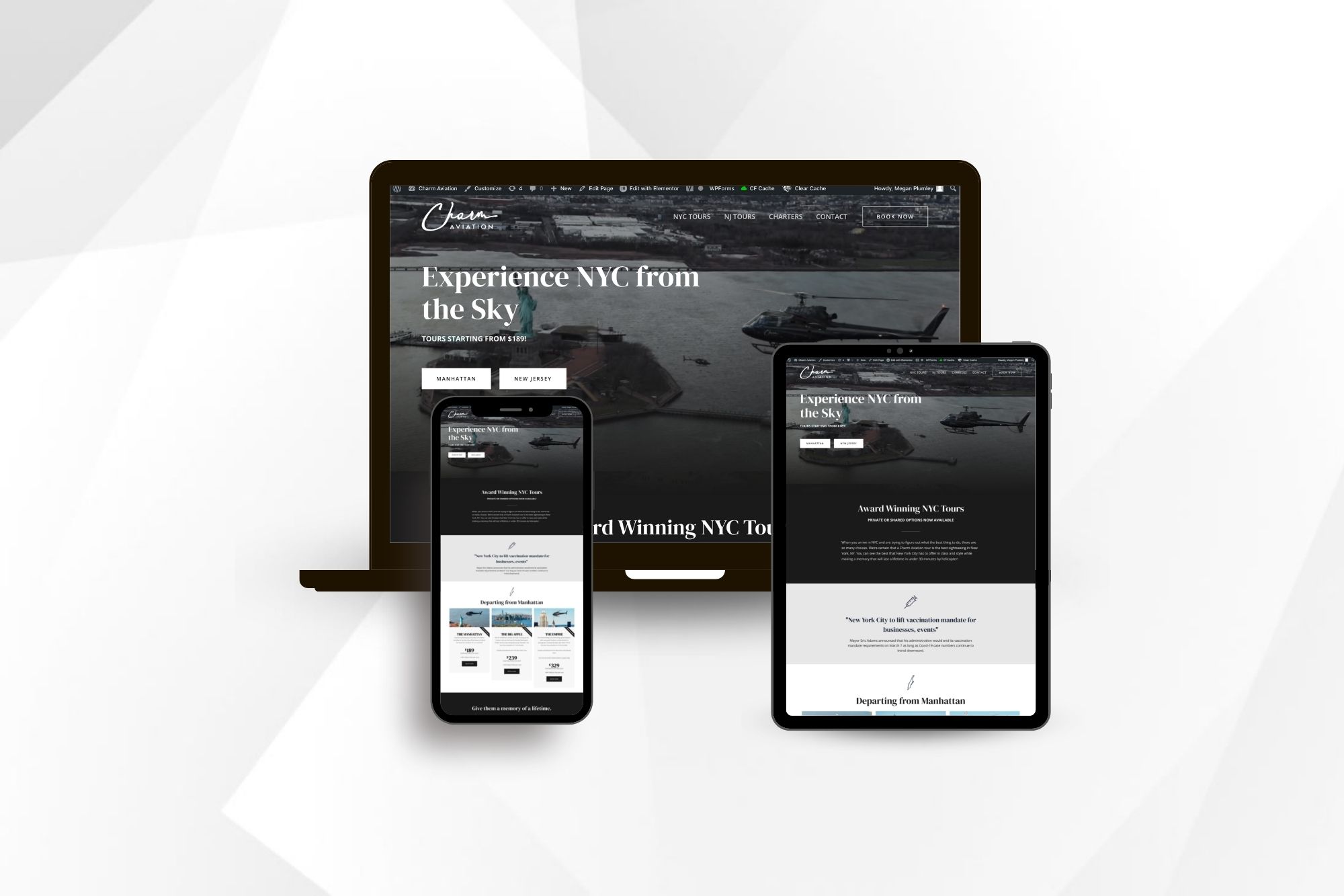 Charm Aviation NY responsive web design on laptop, tablet, and iphone