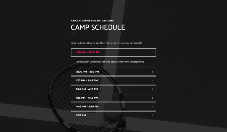 Tennis Girl Nation camp schedule display