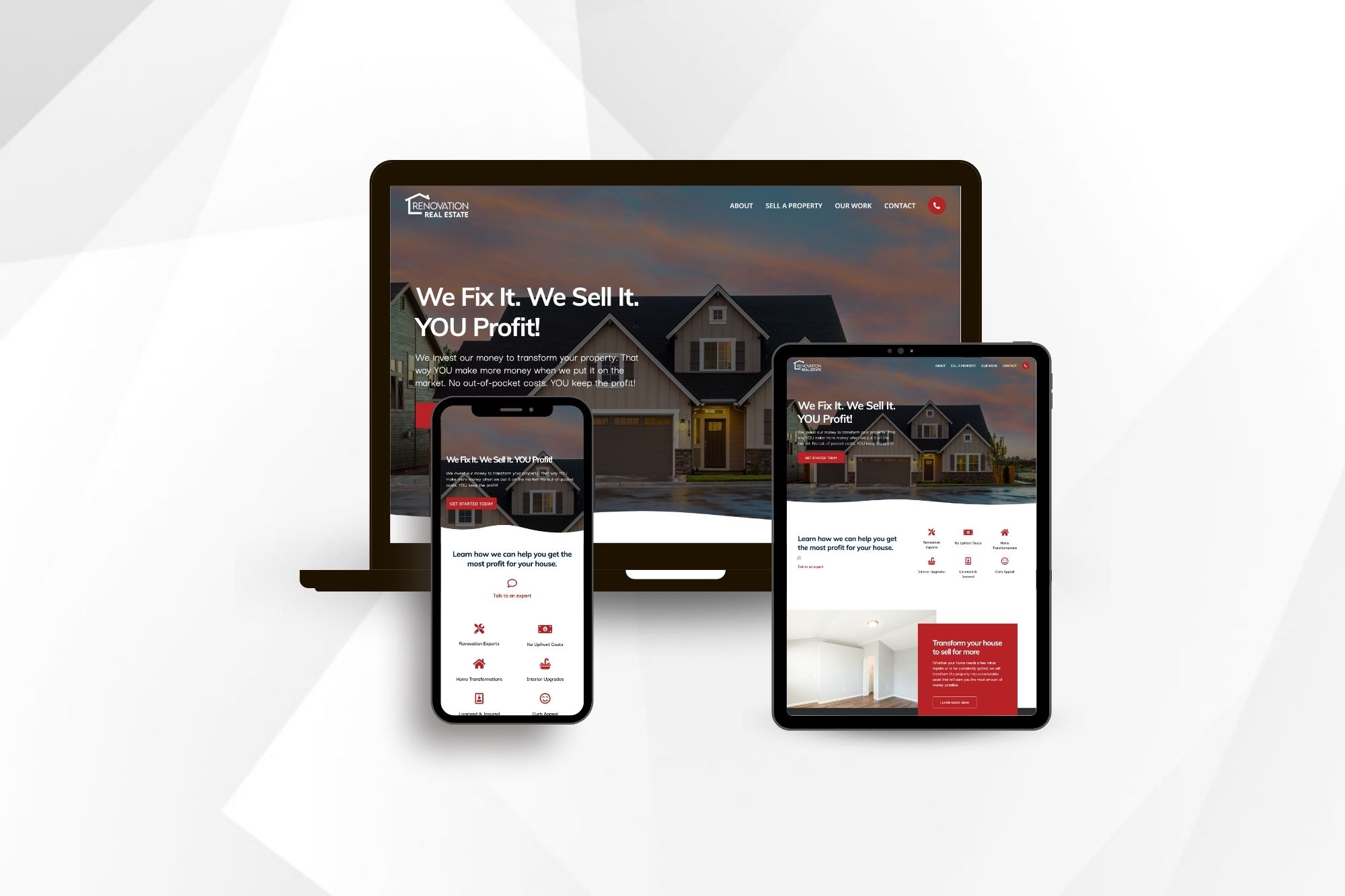 Renovation Real Estate responsive web design on laptop, tablet, and iphone