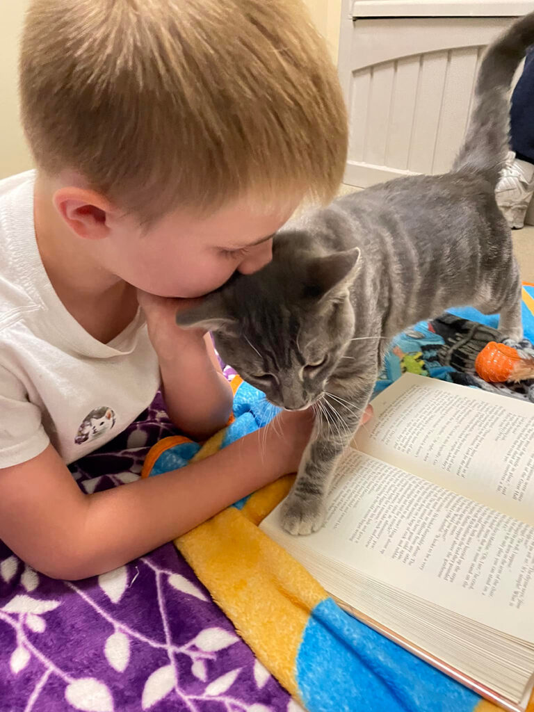 boy reading cat